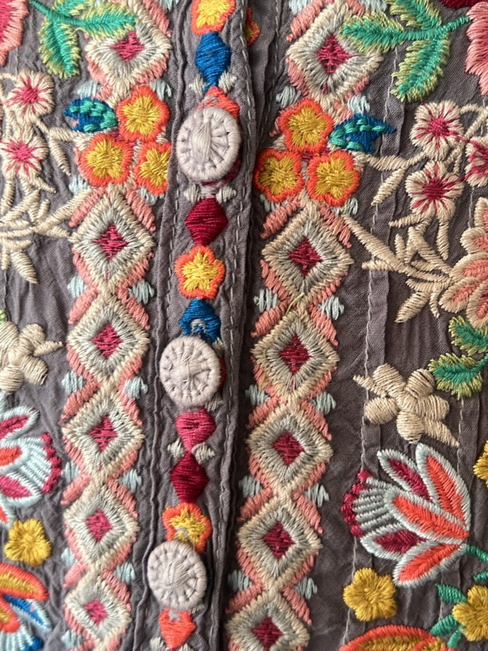 Johnny Was Embroidered Boho Tunic in Gray with Multicolor Floral Stitching - Picture 8 of 10